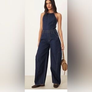 RARE Abercrombie & Fitch Dark Blue barrel-Leg Women's dark wash halter jumpsuit